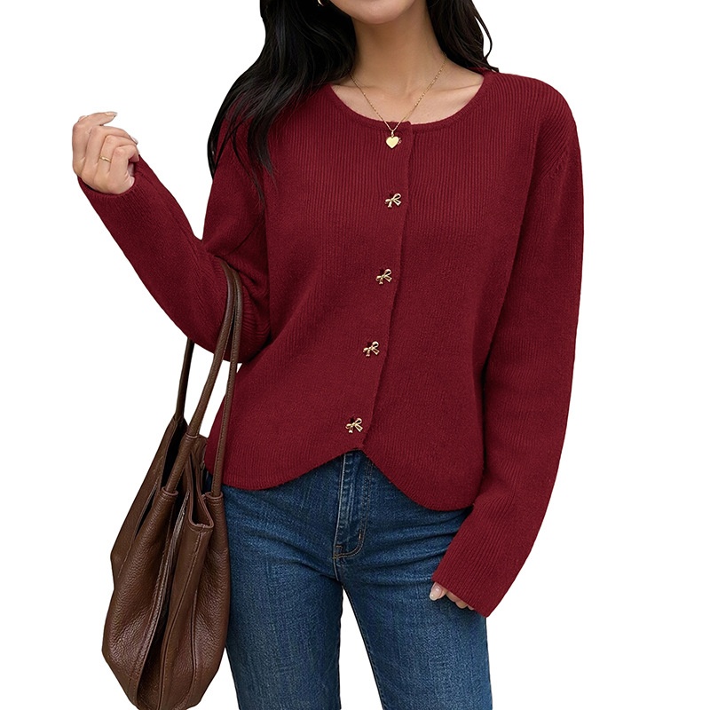 Women's Burgundy Knit Bow Button Cardigan