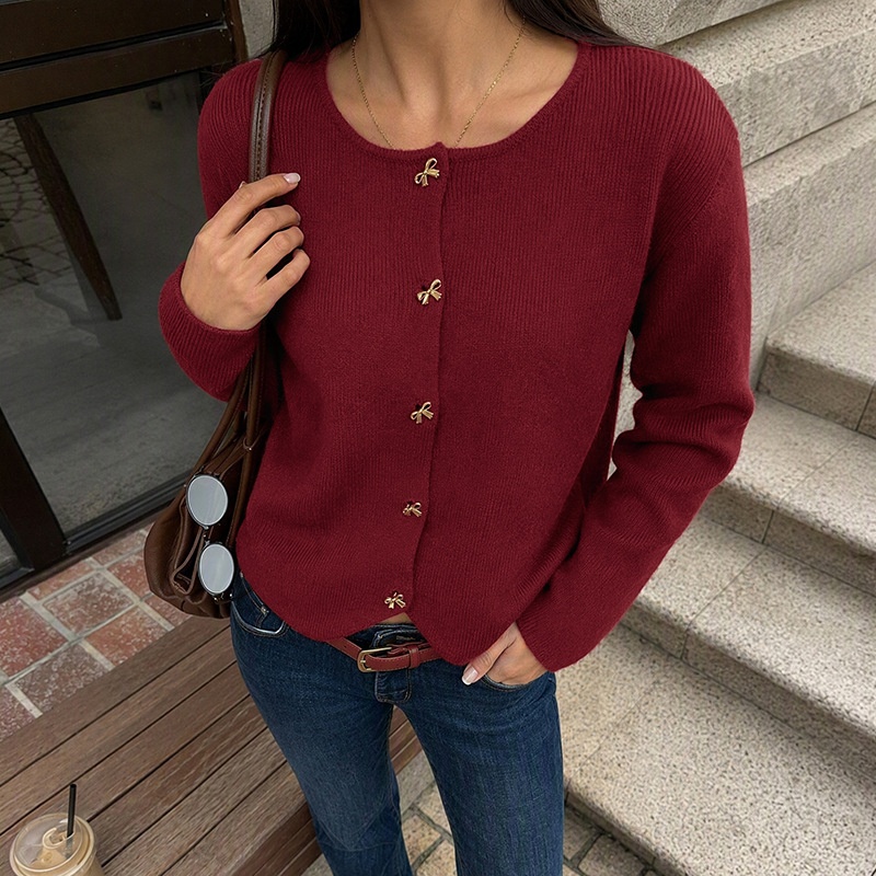 Women's Burgundy Knit Bow Button Cardigan