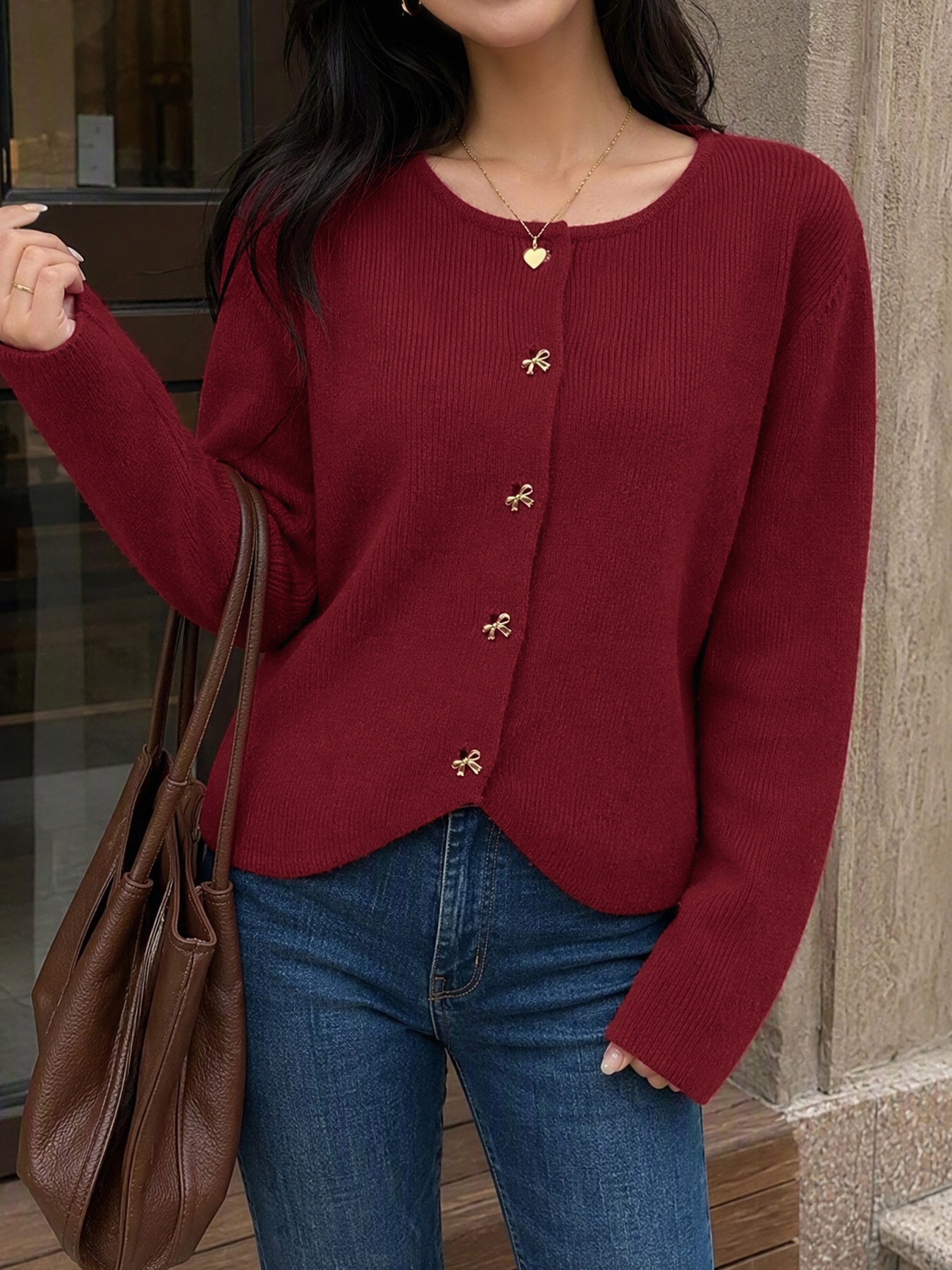 Women's Burgundy Knit Bow Button Cardigan