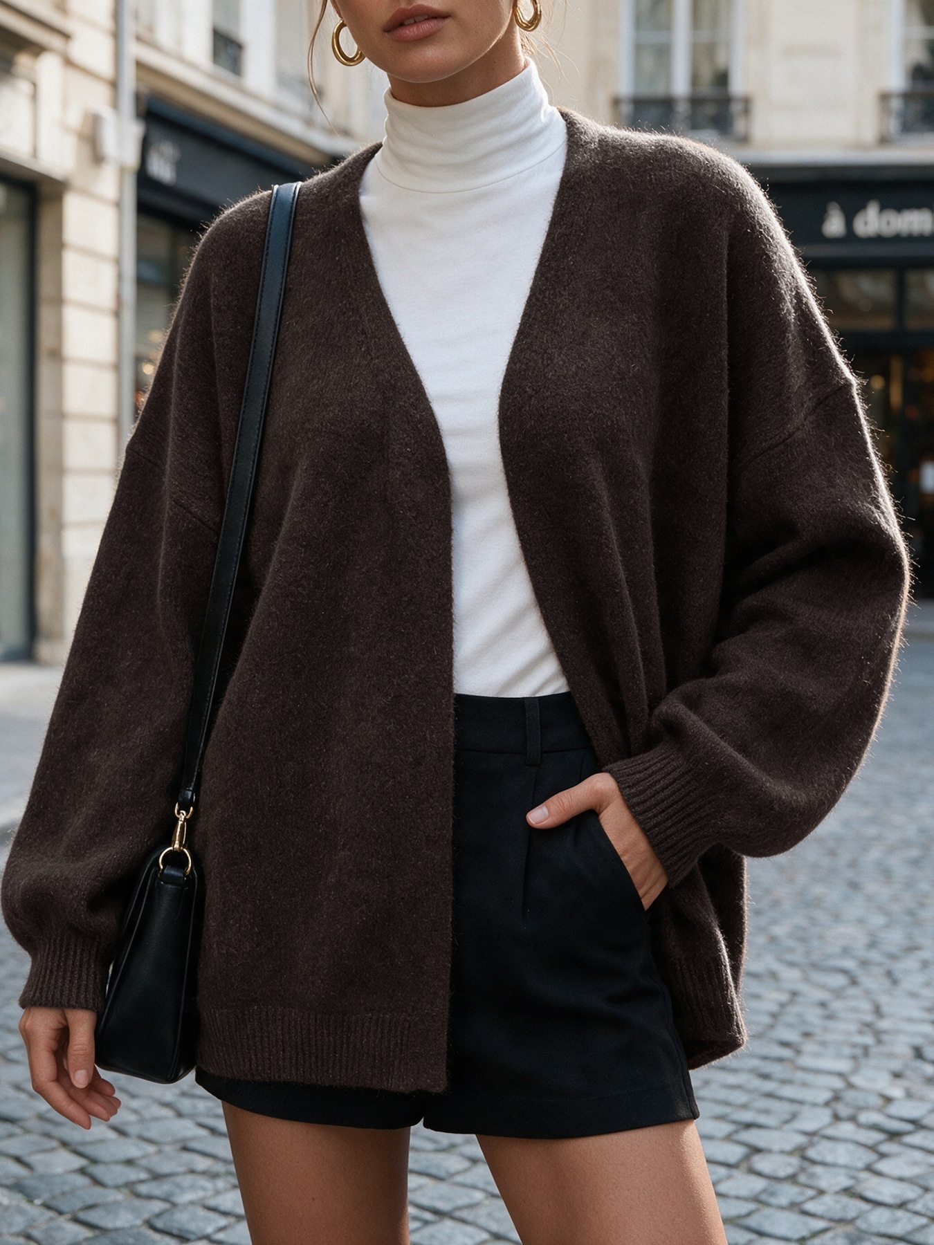 Women's Dark Brown Wrap Knit Cardigan with Tie Belt