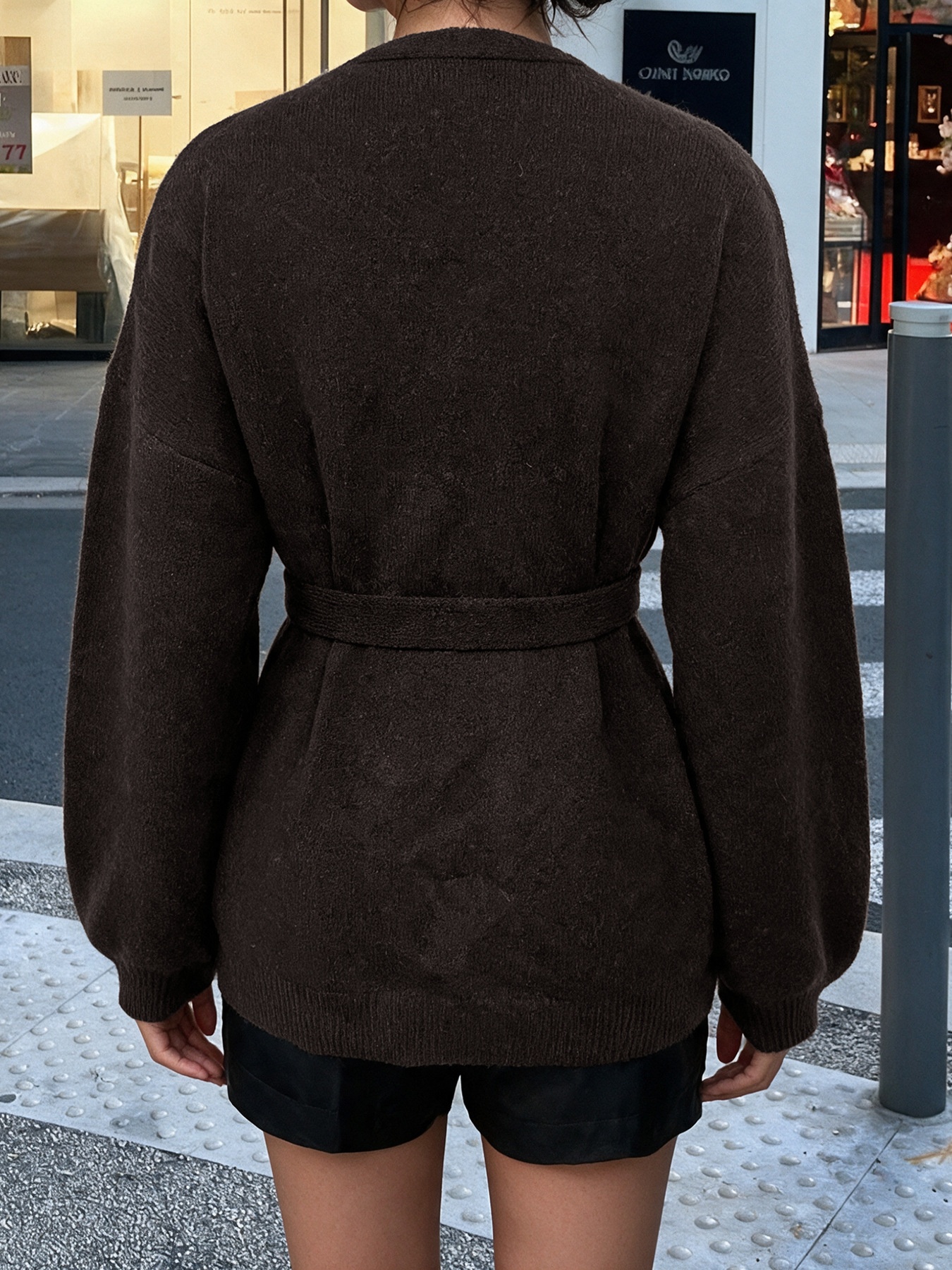Women's Dark Brown Wrap Knit Cardigan with Tie Belt