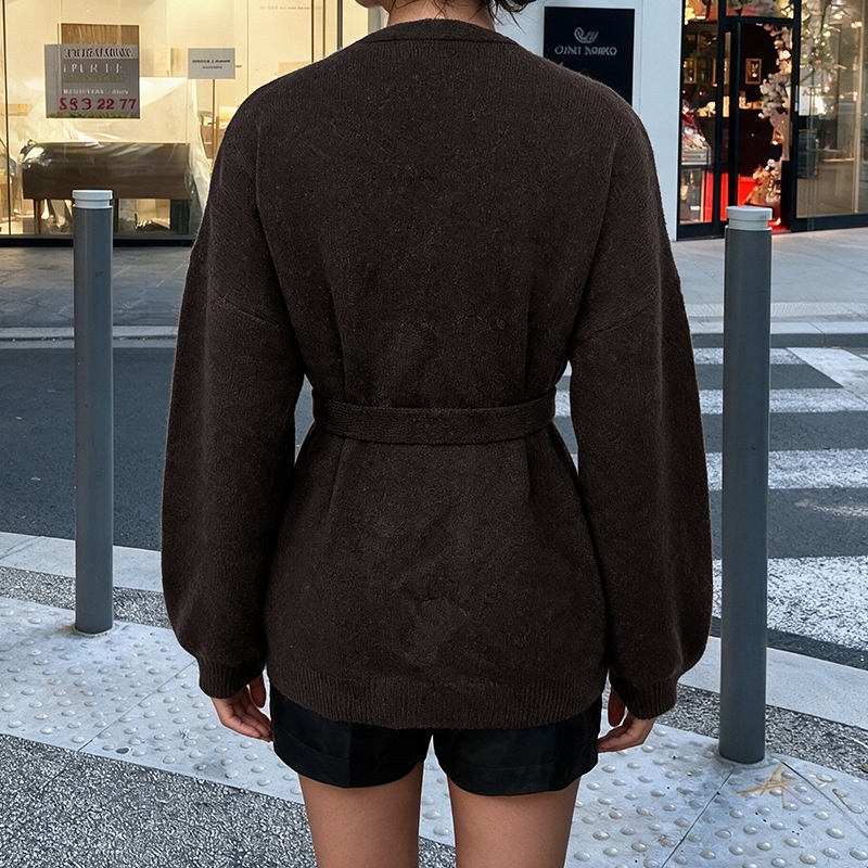 Women's Dark Brown Wrap Knit Cardigan with Tie Belt