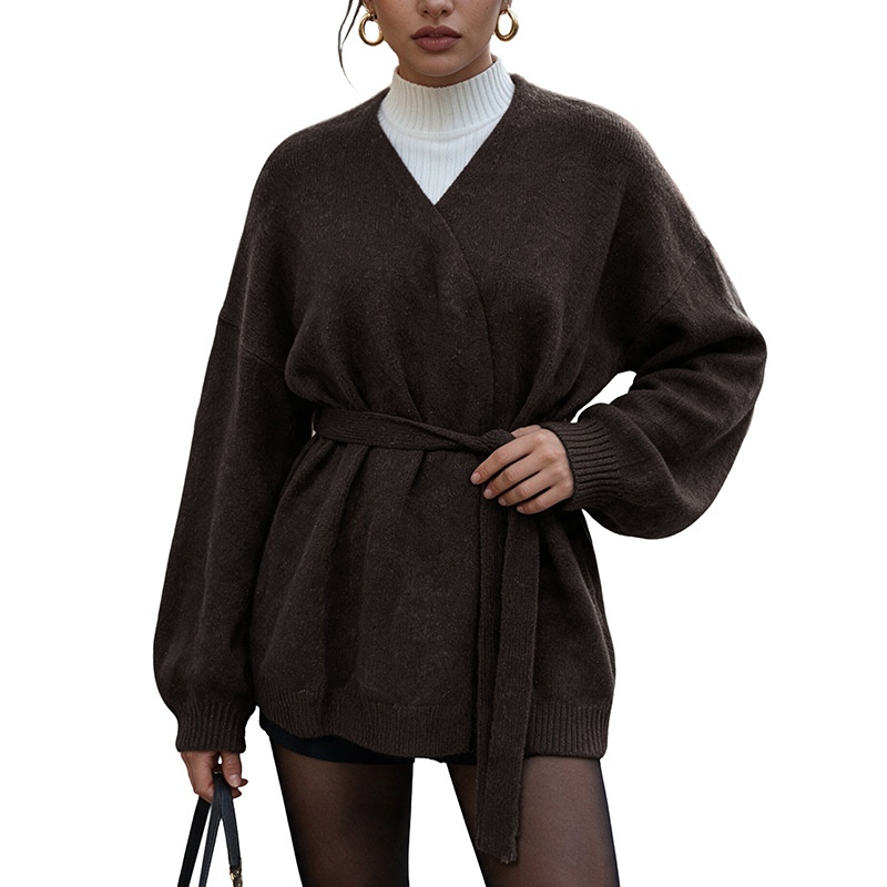 Women's Dark Brown Wrap Knit Cardigan with Tie Belt