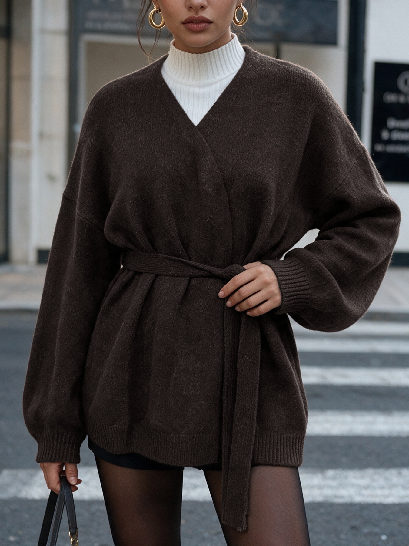 Women's Dark Brown Wrap Knit Cardigan with Tie Belt