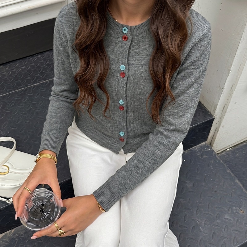 Women's Grey Crewneck Button-Down Knit Cardigan