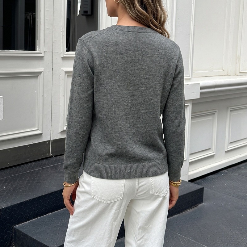 Women's Grey Crewneck Button-Down Knit Cardigan