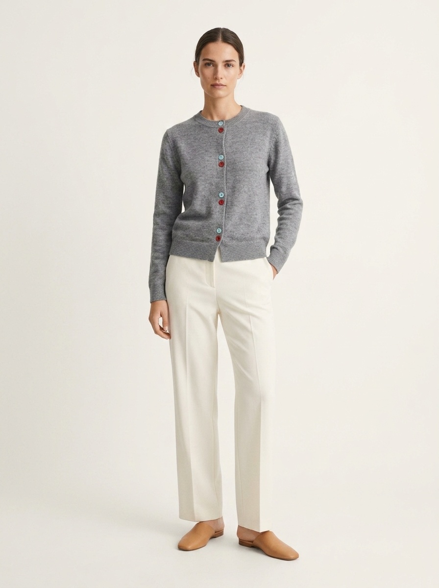Women's Grey Crewneck Button-Down Knit Cardigan