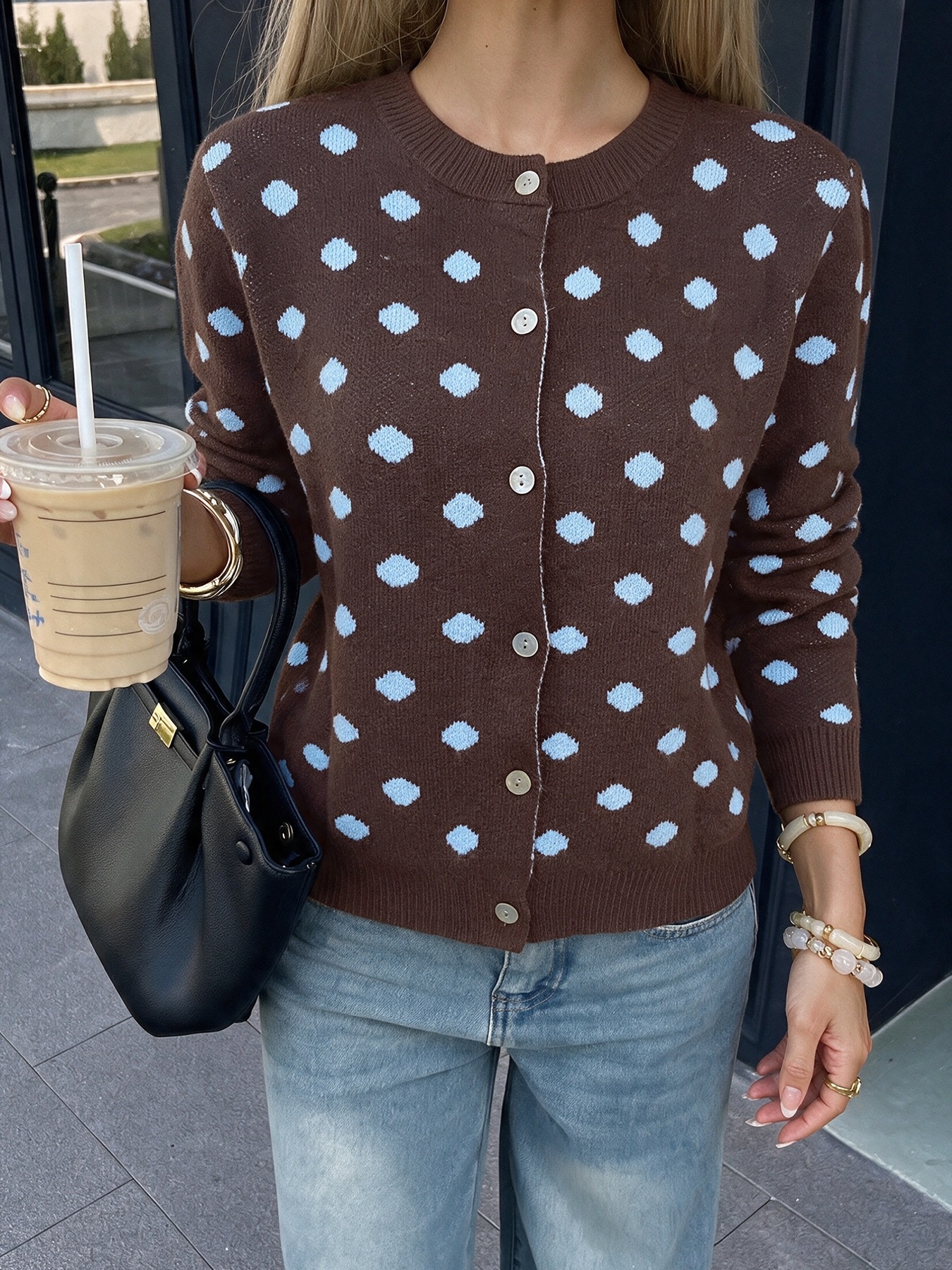 Women's Polka Dot Knit Cardigan Sweater in Brown