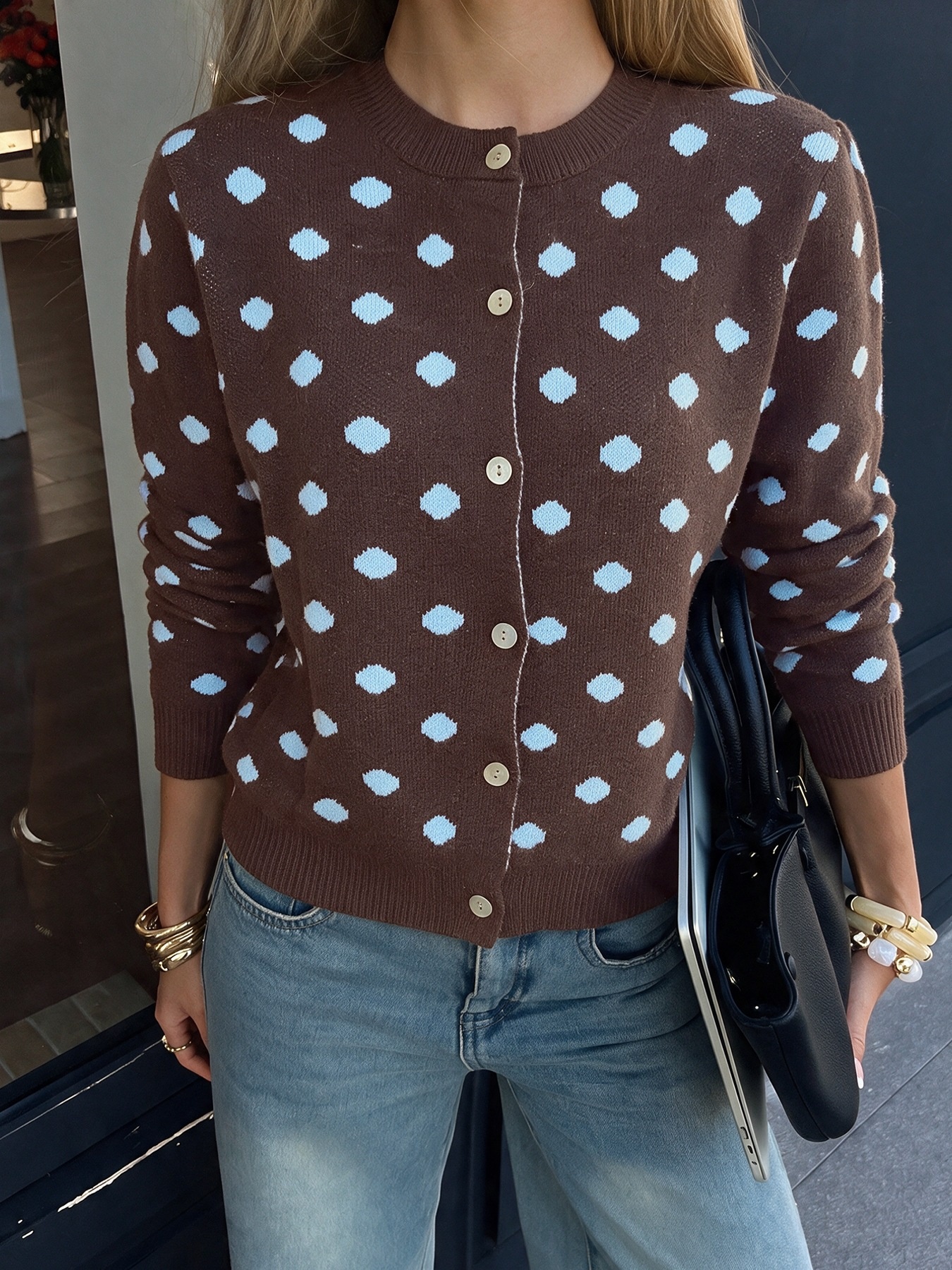 Women's Polka Dot Knit Cardigan Sweater in Brown