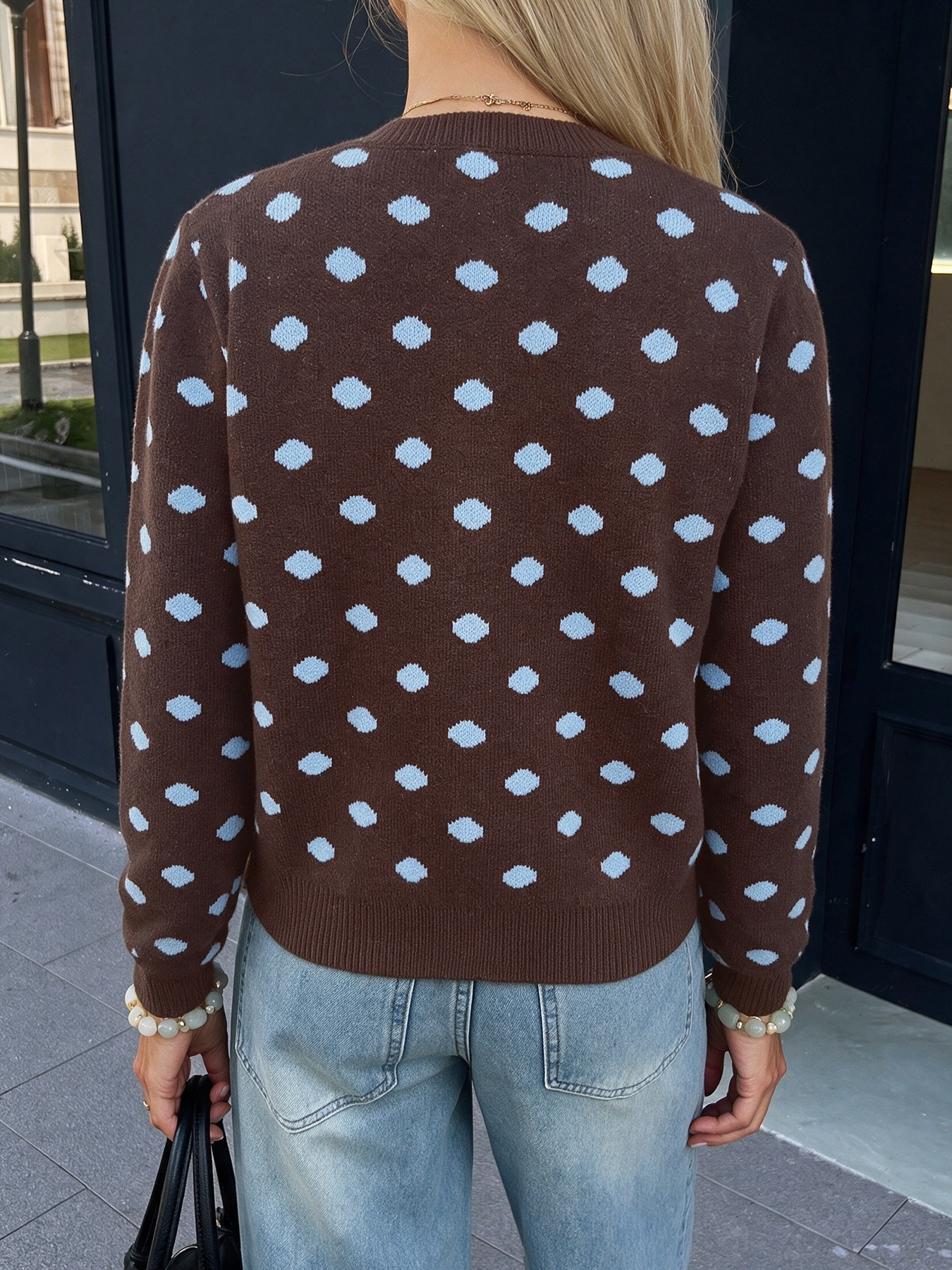 Women's Polka Dot Knit Cardigan Sweater in Brown