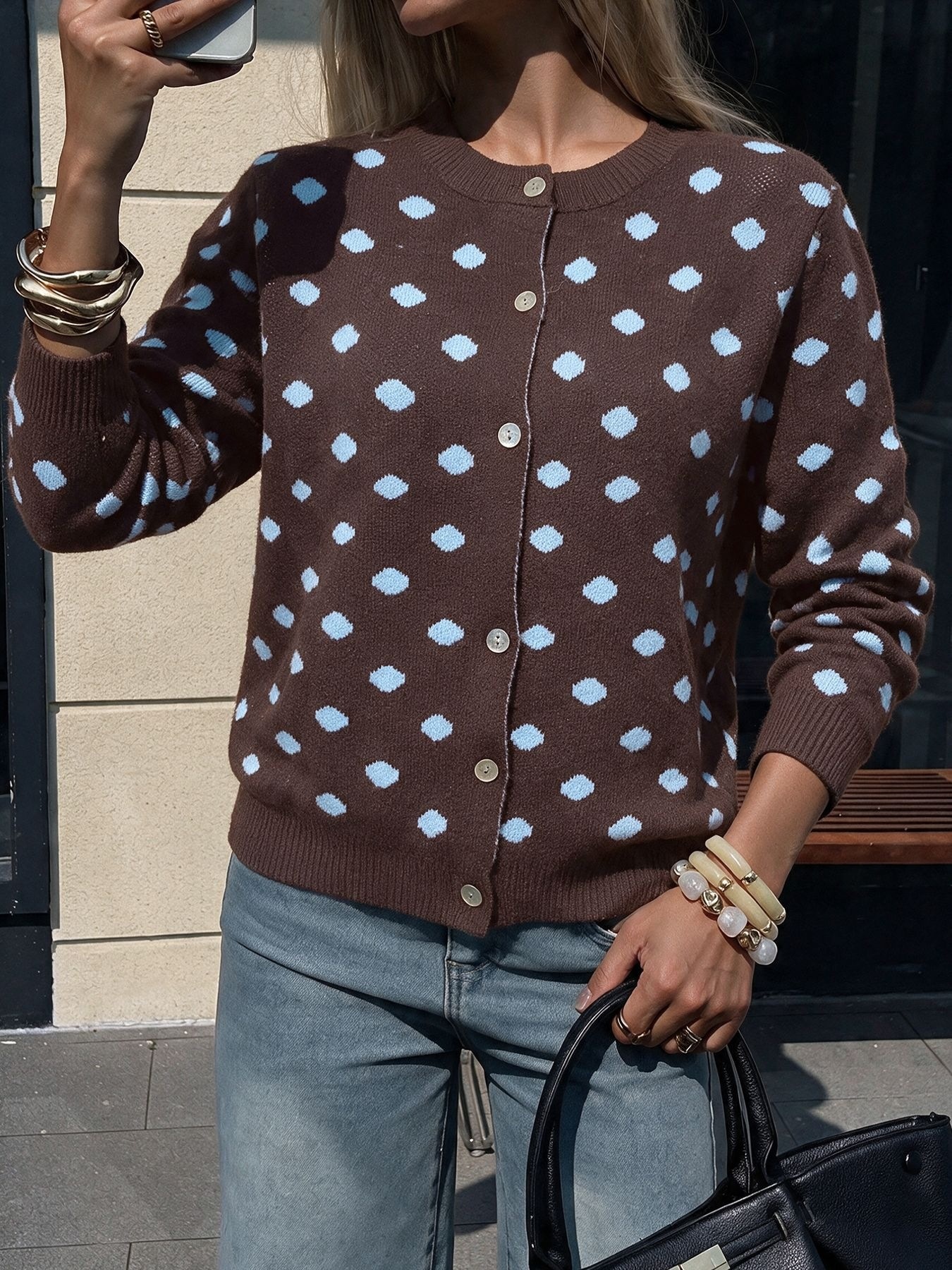 Women's Polka Dot Knit Cardigan Sweater in Brown