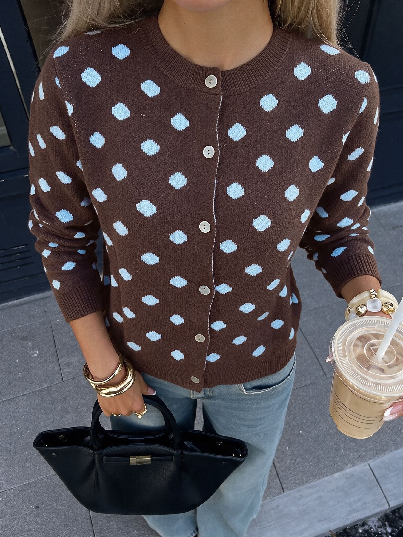 Women's Polka Dot Knit Cardigan Sweater in Brown