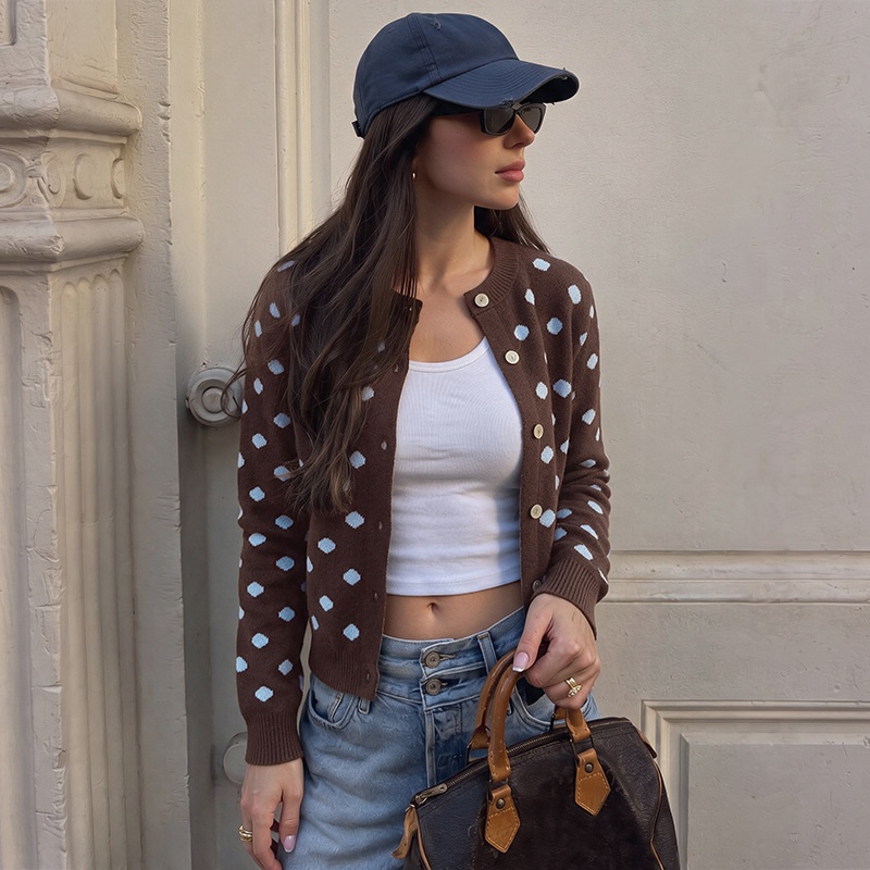 Women's Polka Dot Knit Cardigan Sweater in Brown