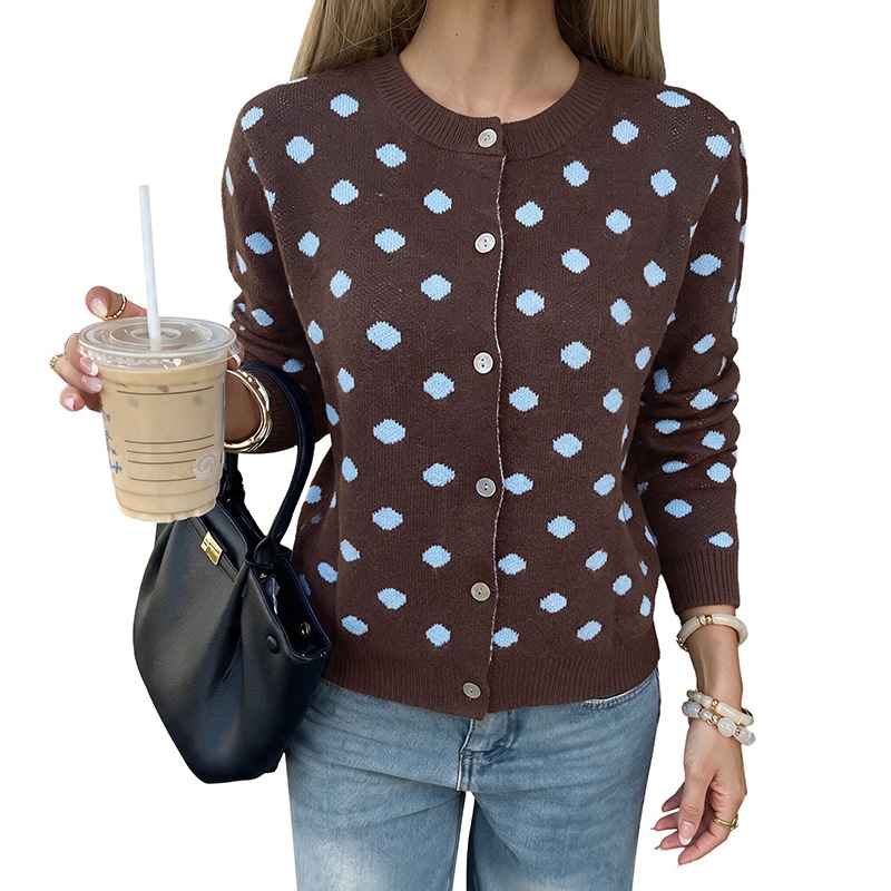 Women's Polka Dot Knit Cardigan Sweater in Brown