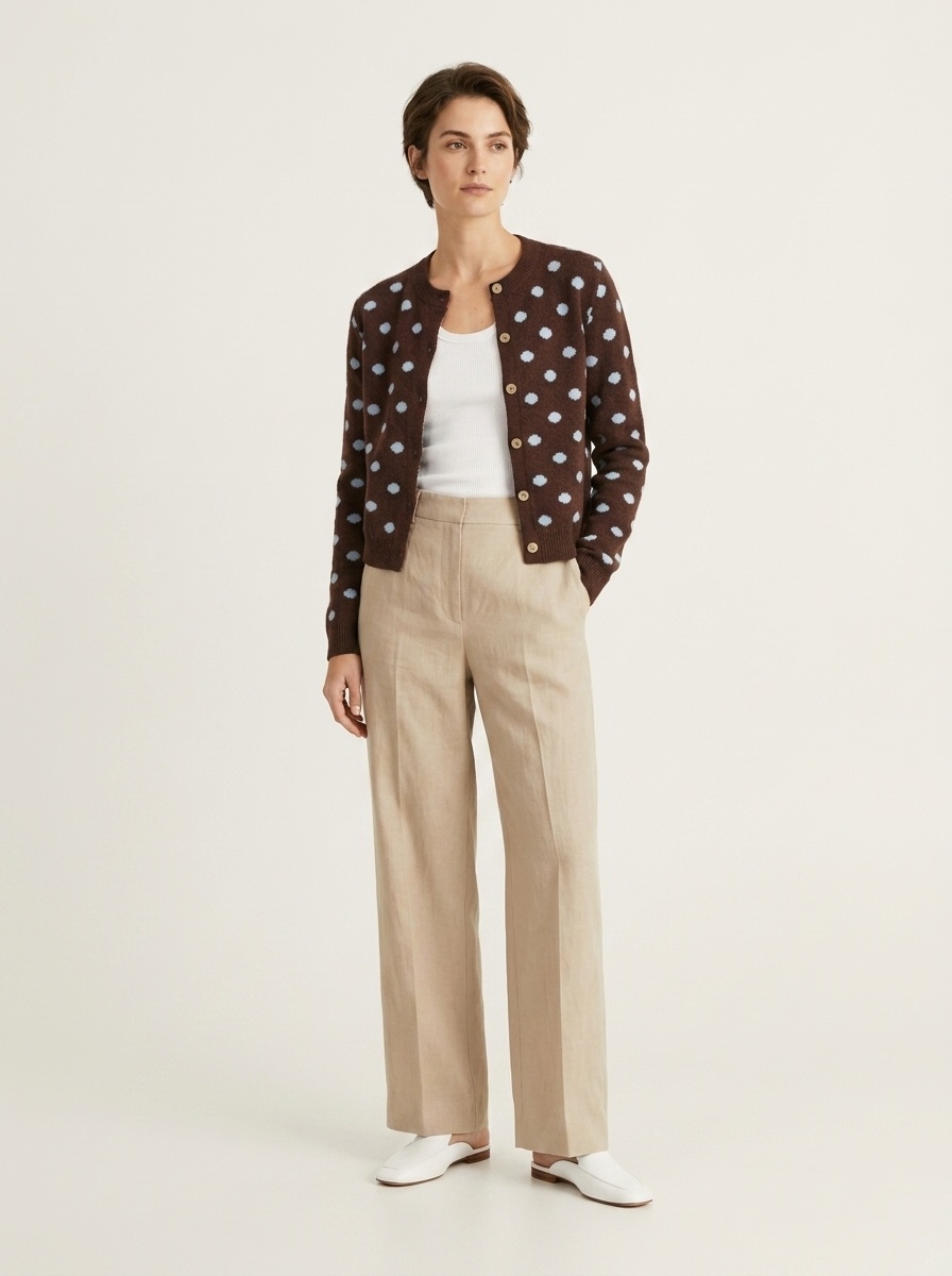 Women's Polka Dot Knit Cardigan Sweater in Brown
