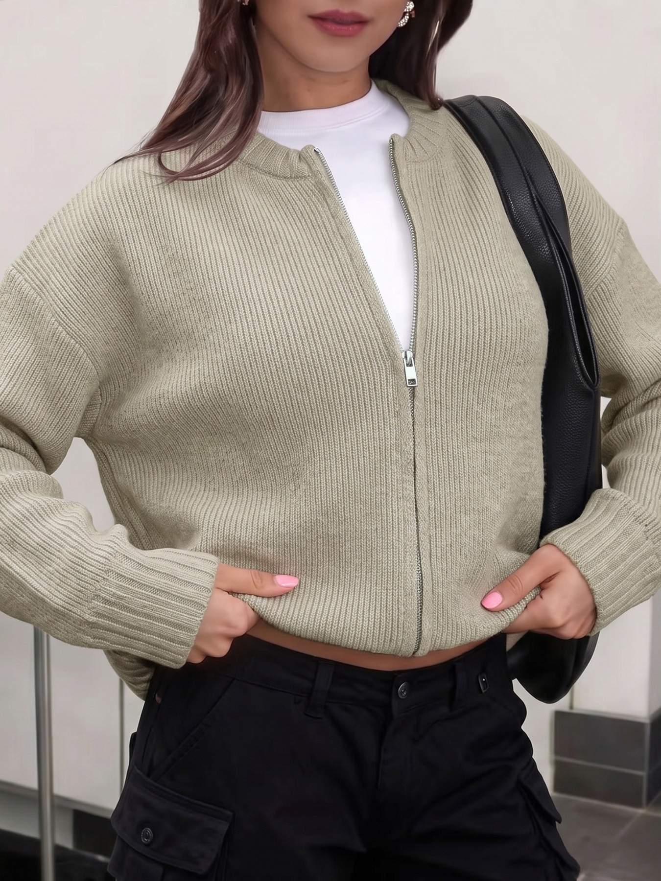 Women's Zip-Up Ribbed Knit Cardigan Sweater