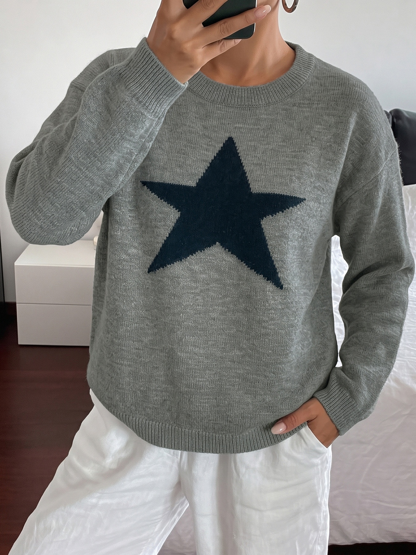 Women's Grey Star Motif Crewneck Knit Sweater