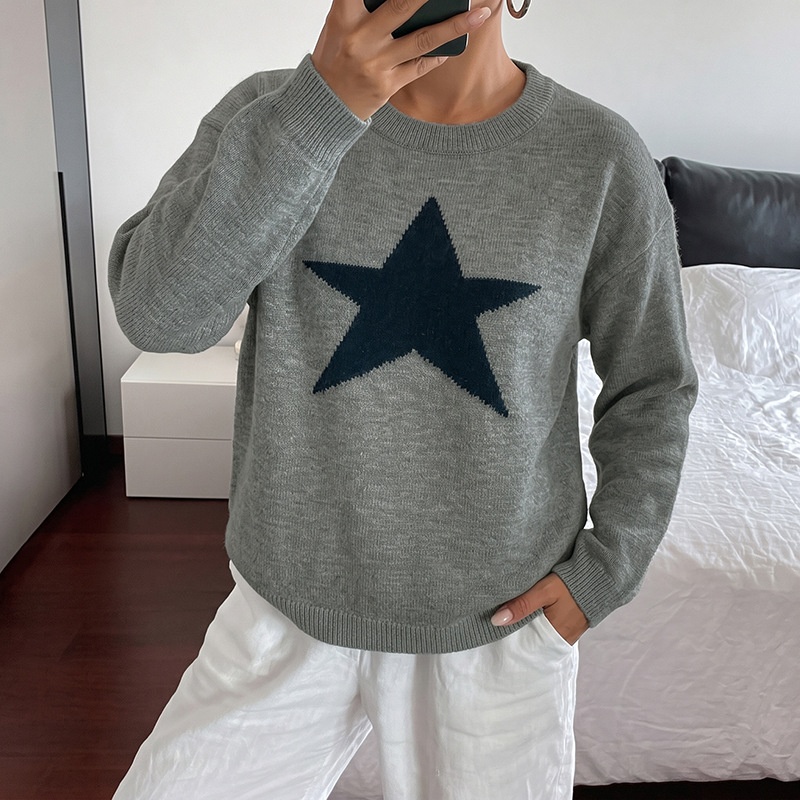 Women's Grey Star Motif Crewneck Knit Sweater