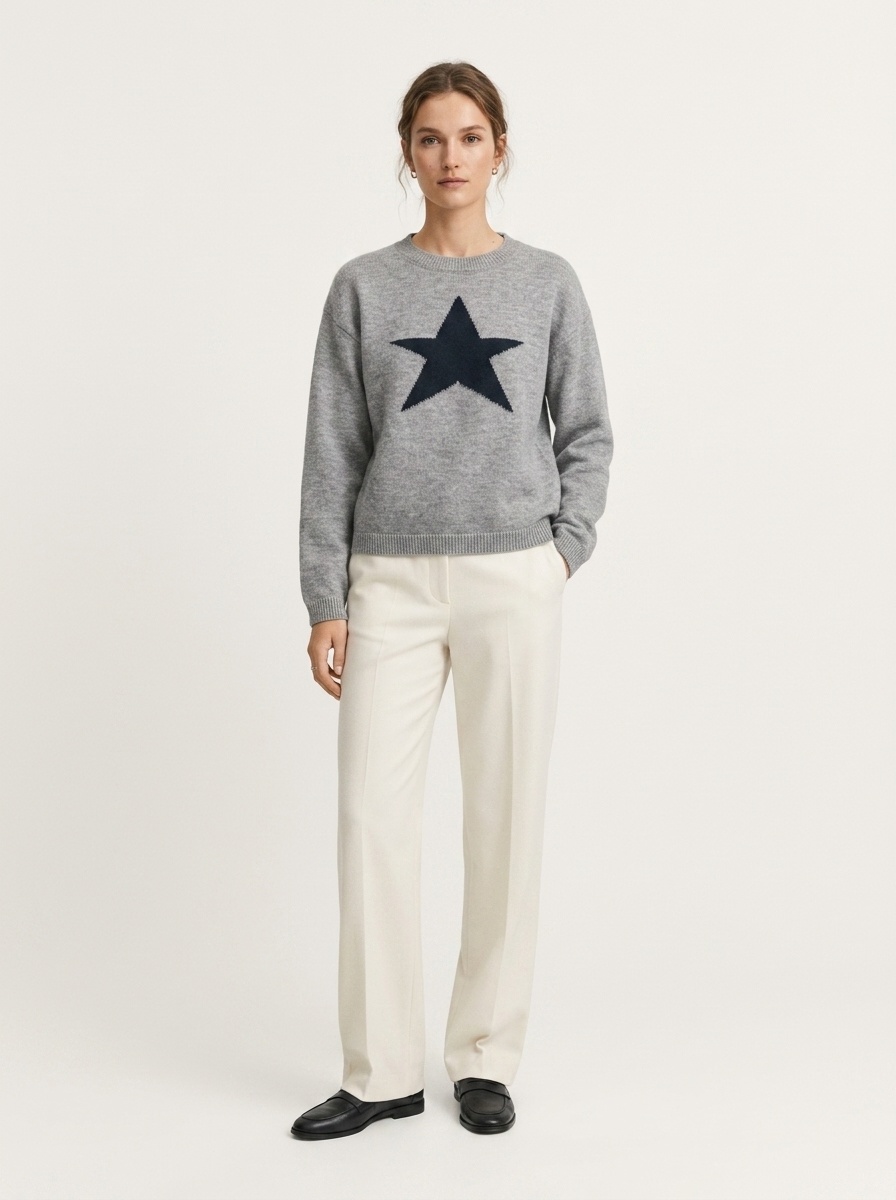 Women's Grey Star Motif Crewneck Knit Sweater