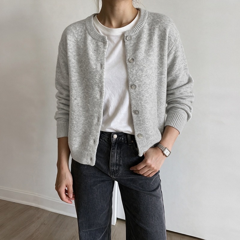 Women's Heather Grey Crew Neck Button Cardigan