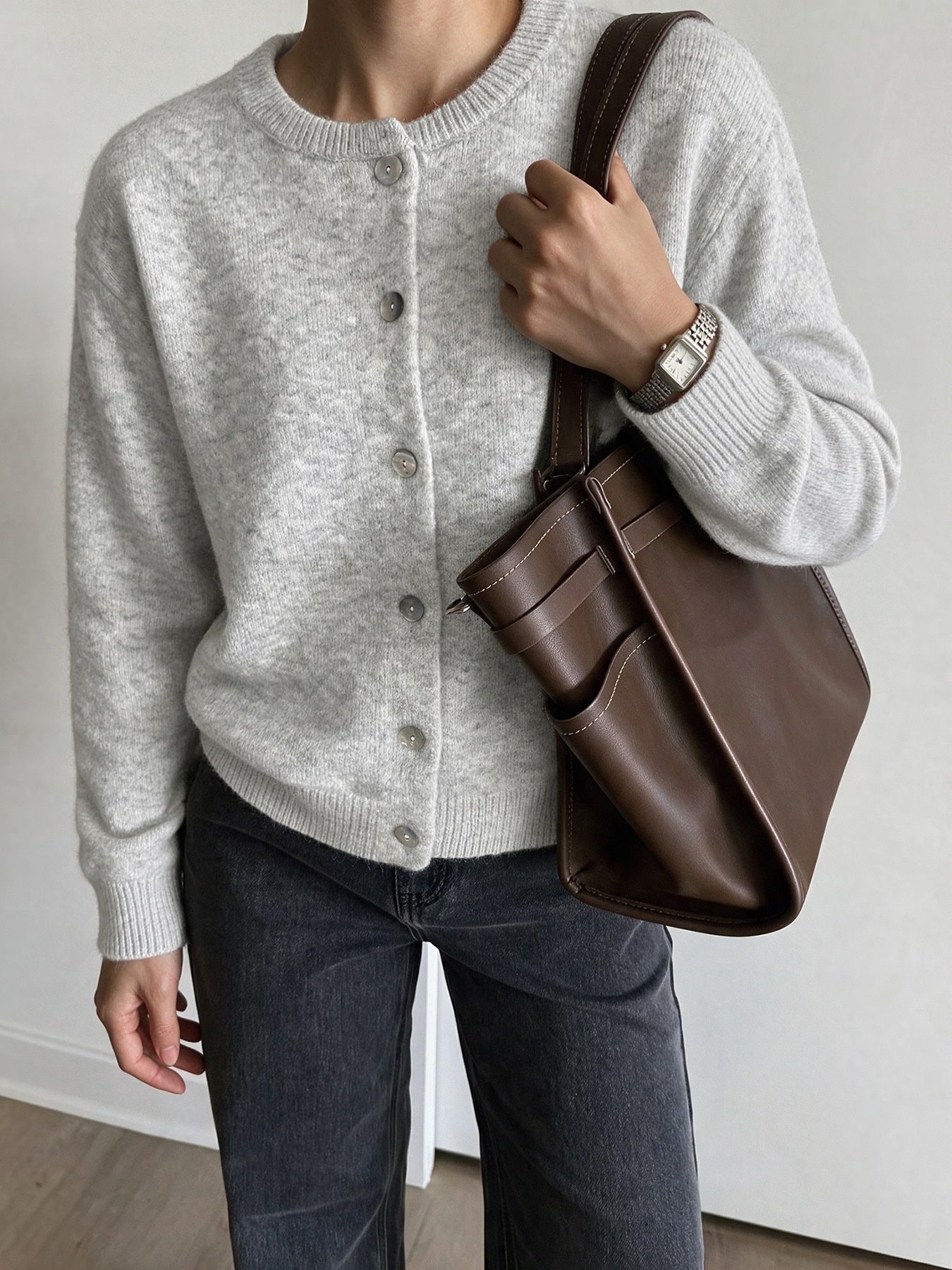 Women's Heather Grey Crew Neck Button Cardigan