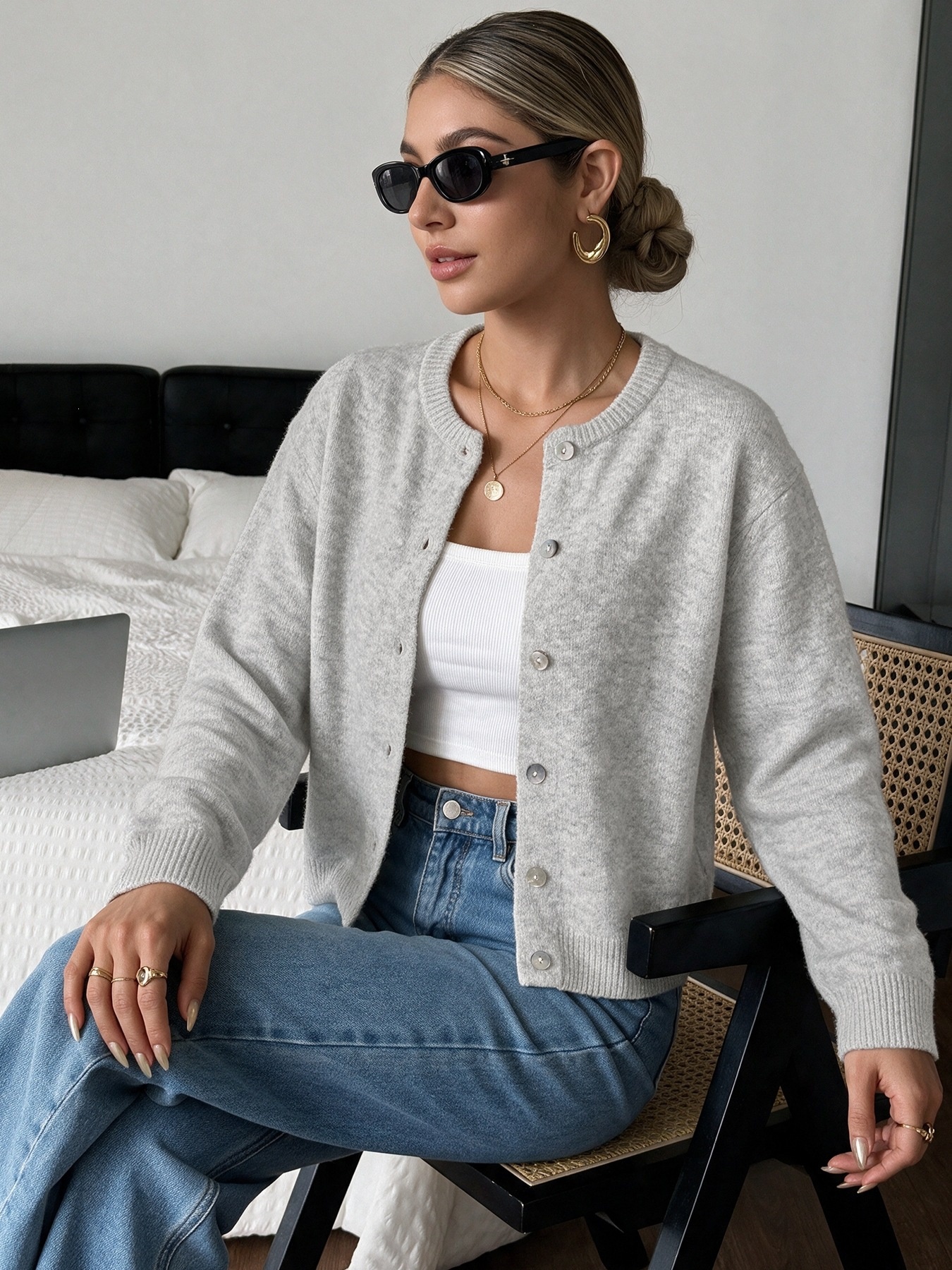 Women's Heather Grey Crew Neck Button Cardigan