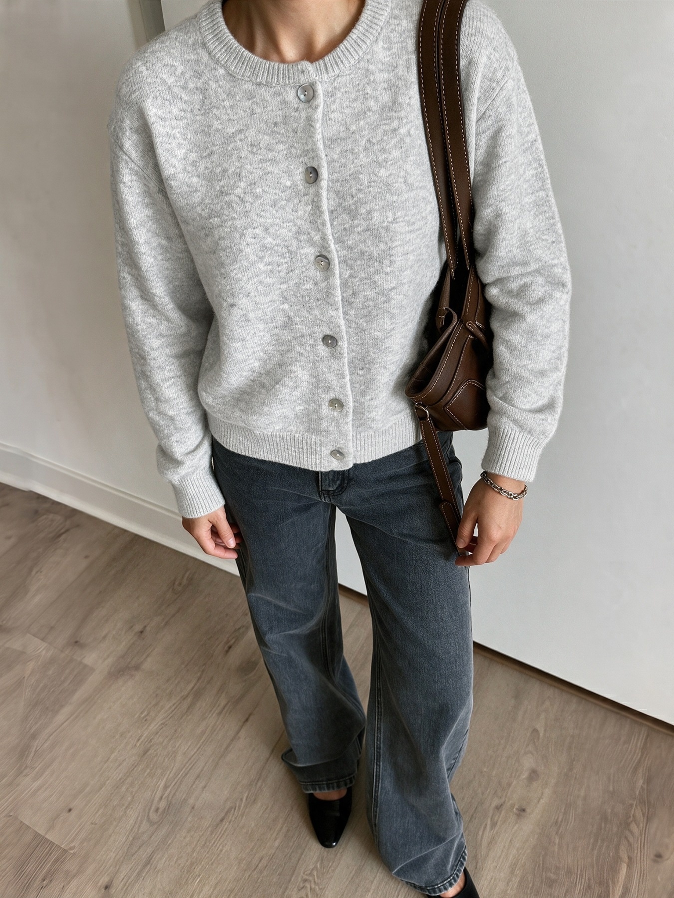 Women's Heather Grey Crew Neck Button Cardigan