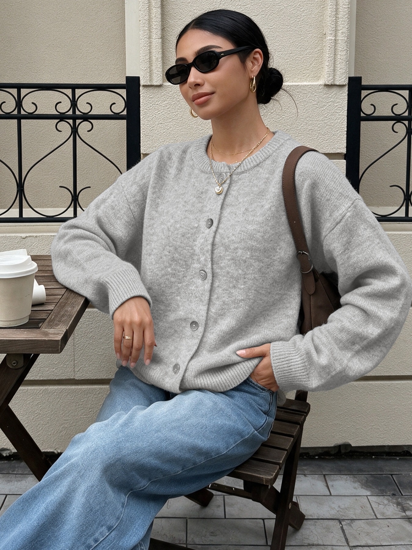 Women's Heather Grey Crew Neck Button Cardigan