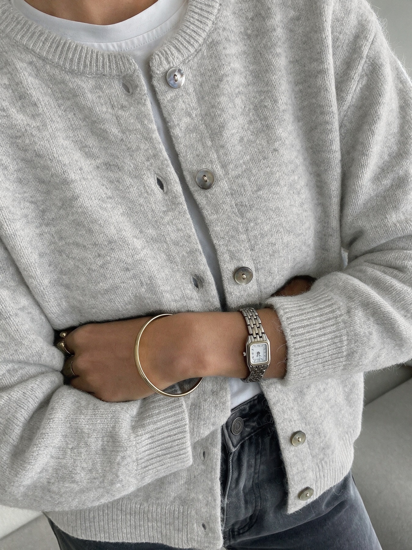 Women's Heather Grey Crew Neck Button Cardigan
