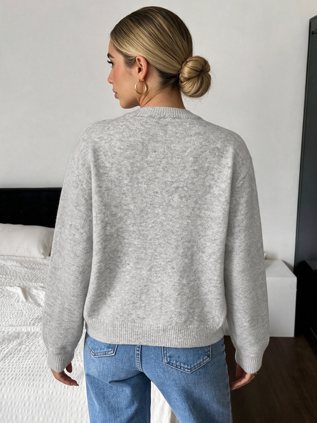 Women's Heather Grey Crew Neck Button Cardigan