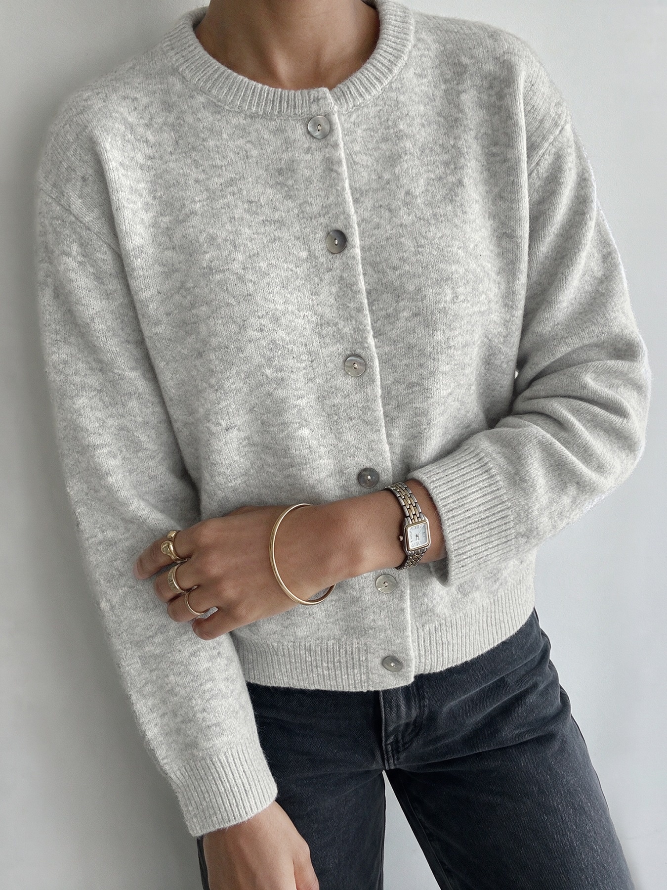 Women's Heather Grey Crew Neck Button Cardigan