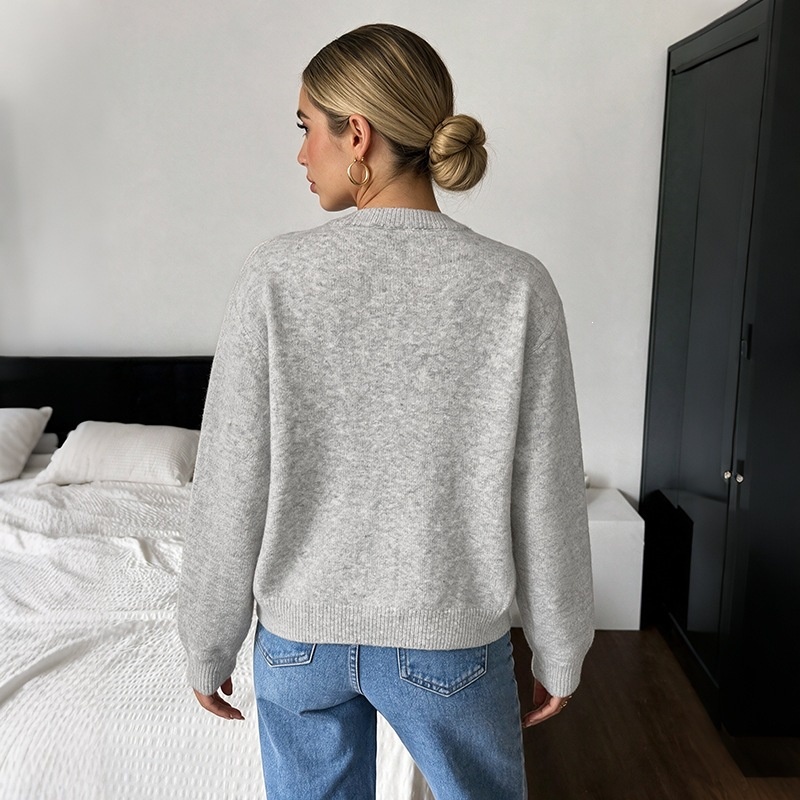 Women's Heather Grey Crew Neck Button Cardigan