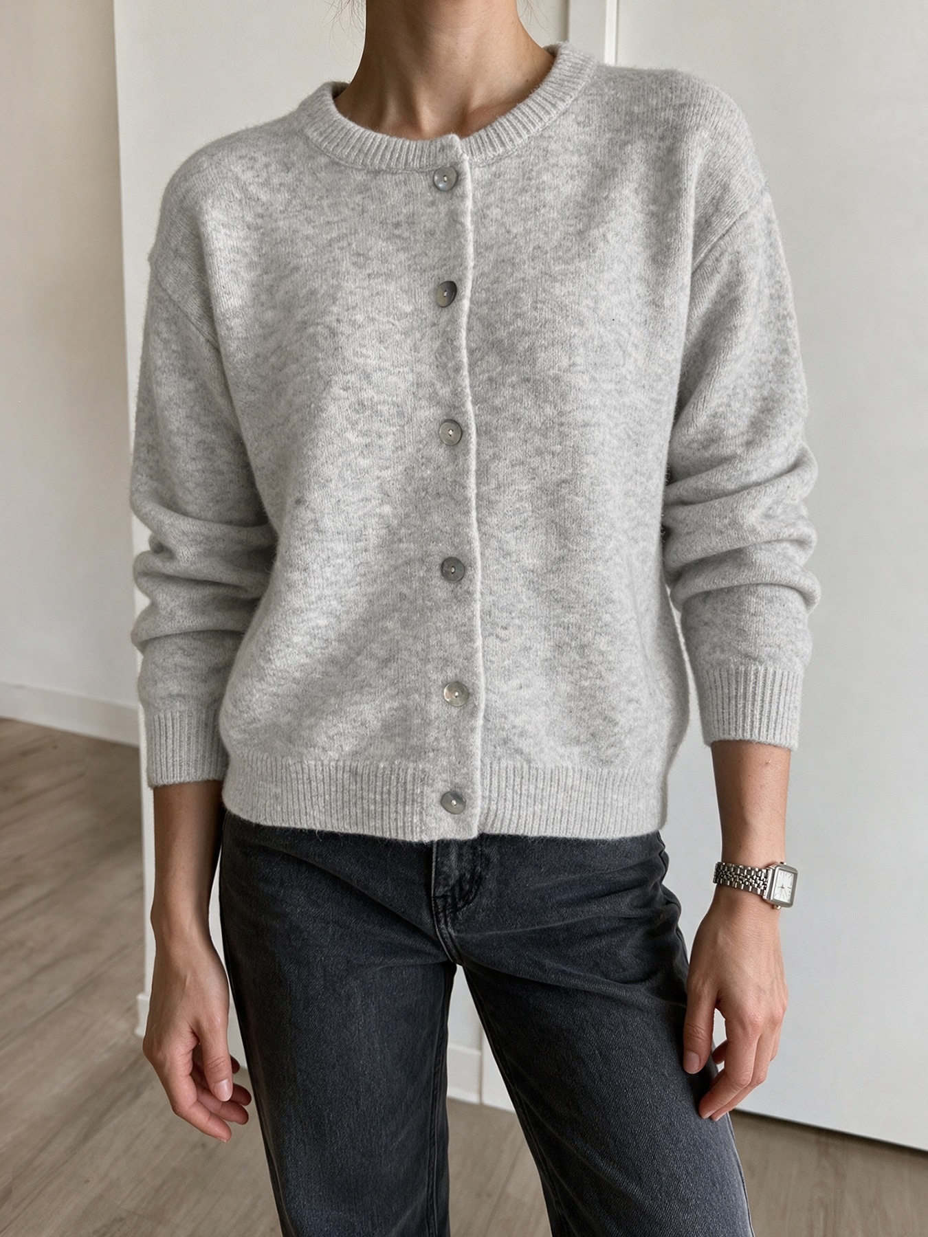 Women's Heather Grey Crew Neck Button Cardigan