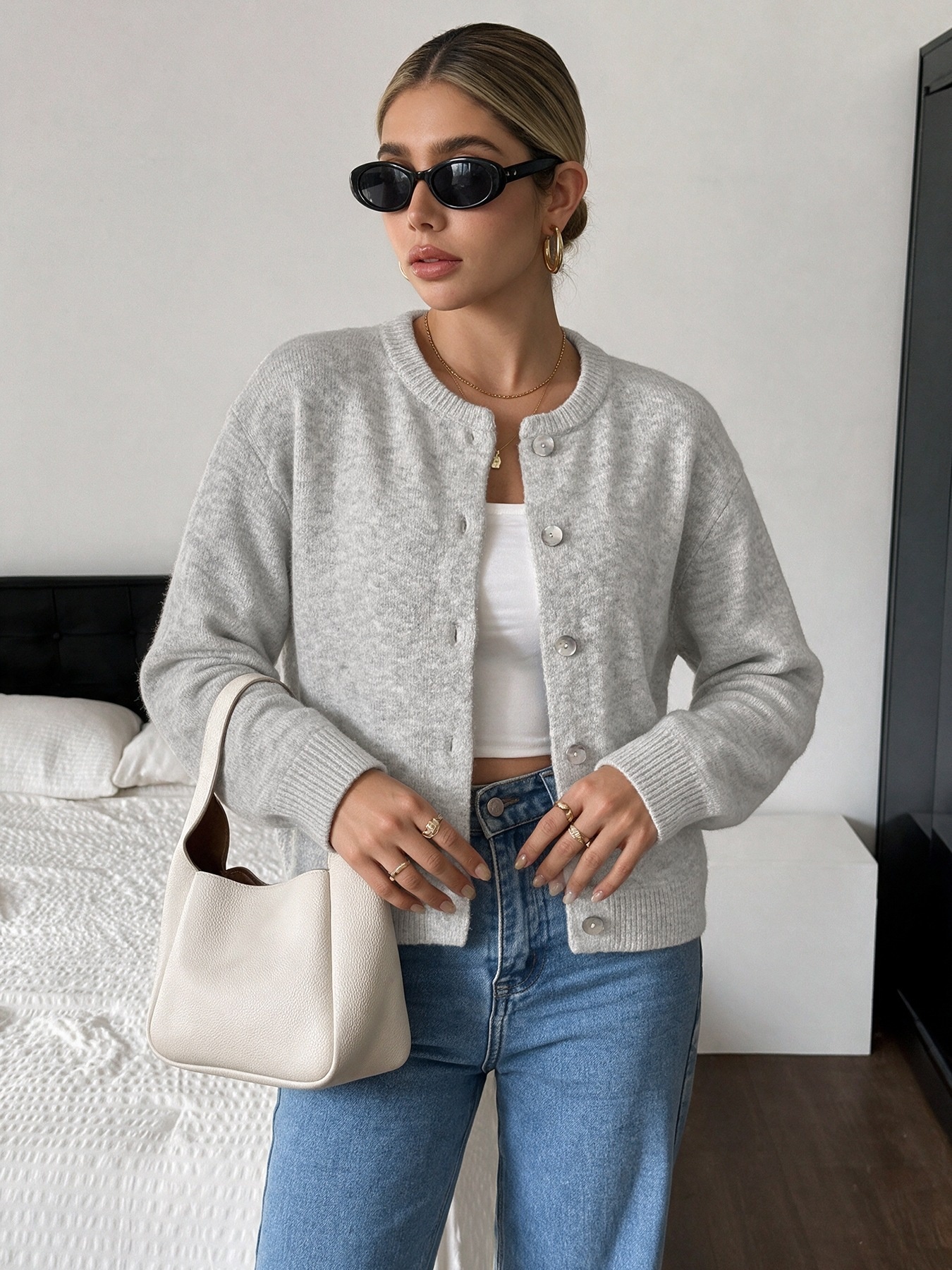 Women's Heather Grey Crew Neck Button Cardigan