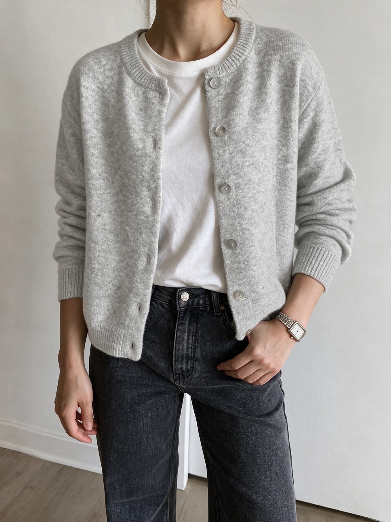 Women's Heather Grey Crew Neck Button Cardigan