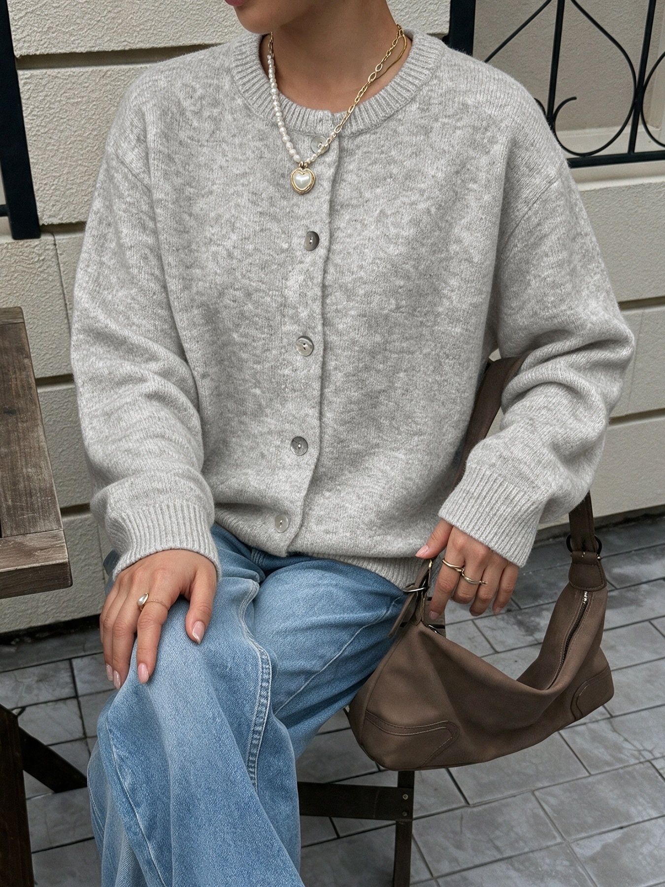 Women's Heather Grey Crew Neck Button Cardigan