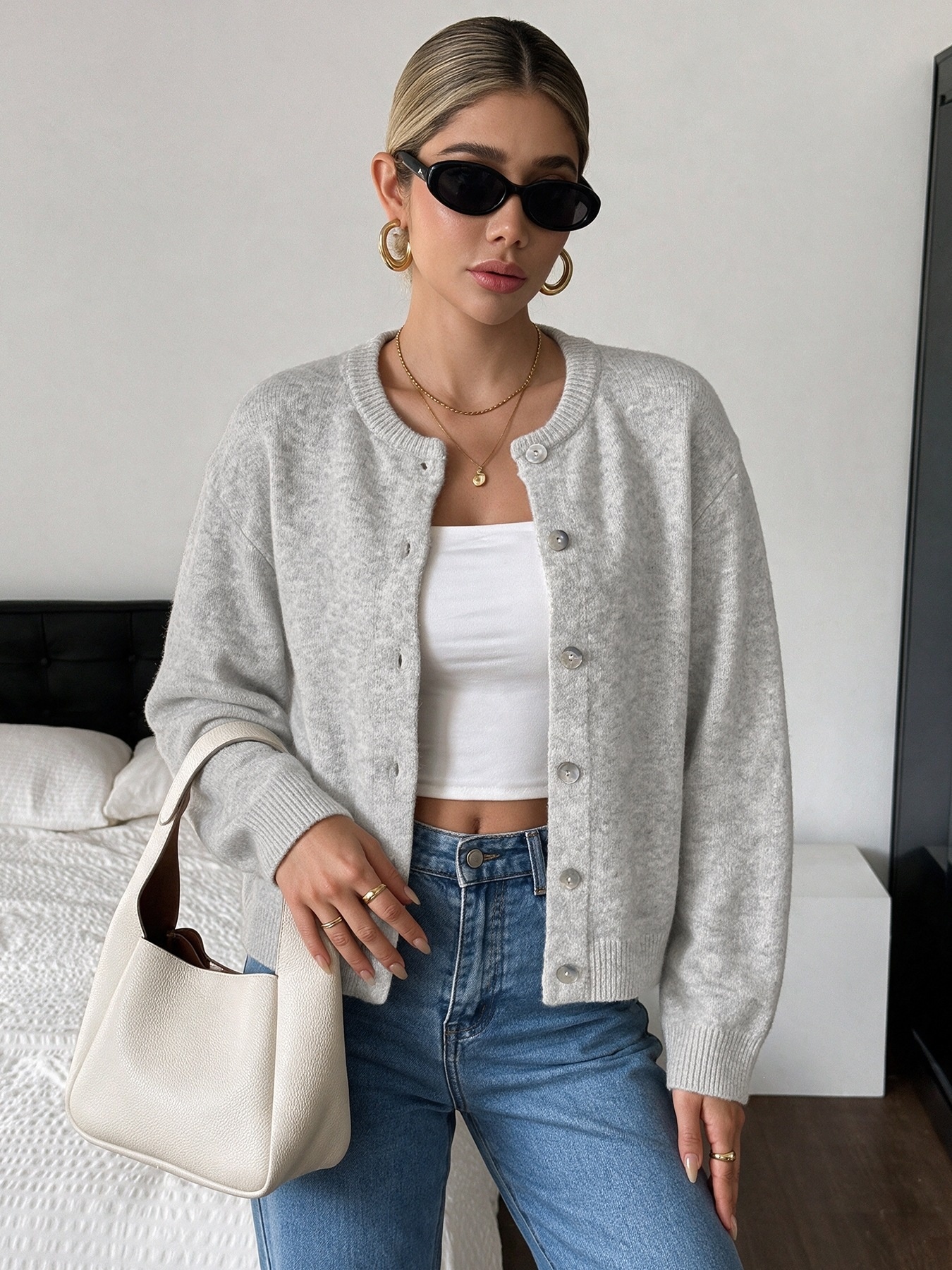 Women's Heather Grey Crew Neck Button Cardigan