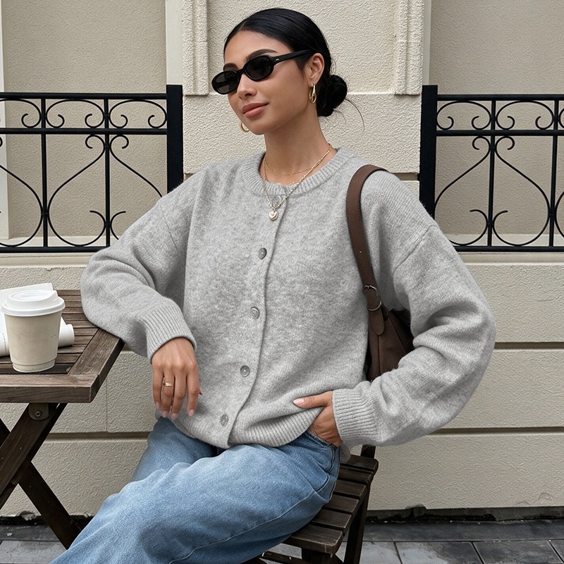 Women's Heather Grey Crew Neck Button Cardigan