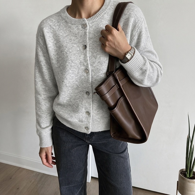 Women's Heather Grey Crew Neck Button Cardigan