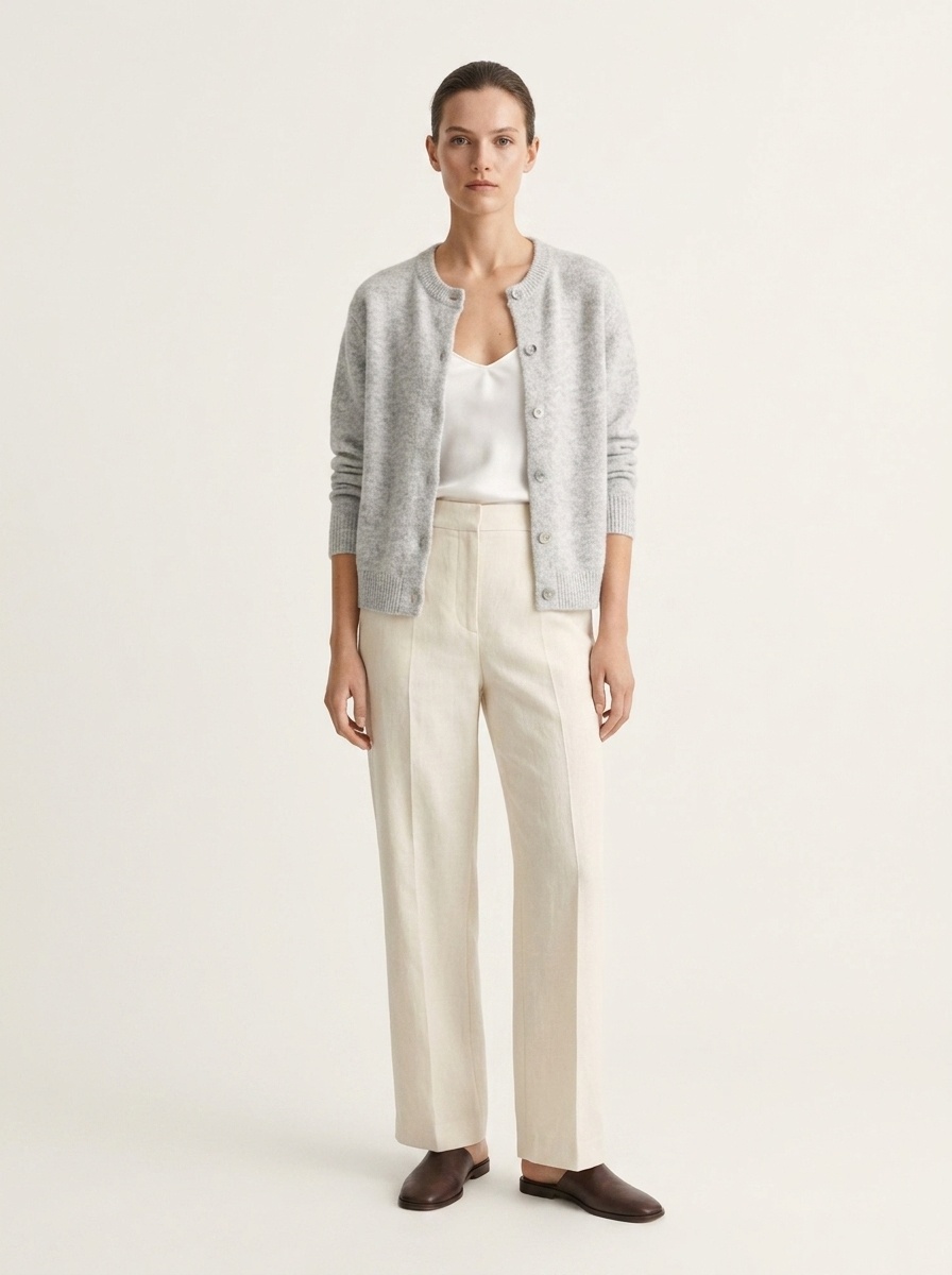 Women's Heather Grey Crew Neck Button Cardigan