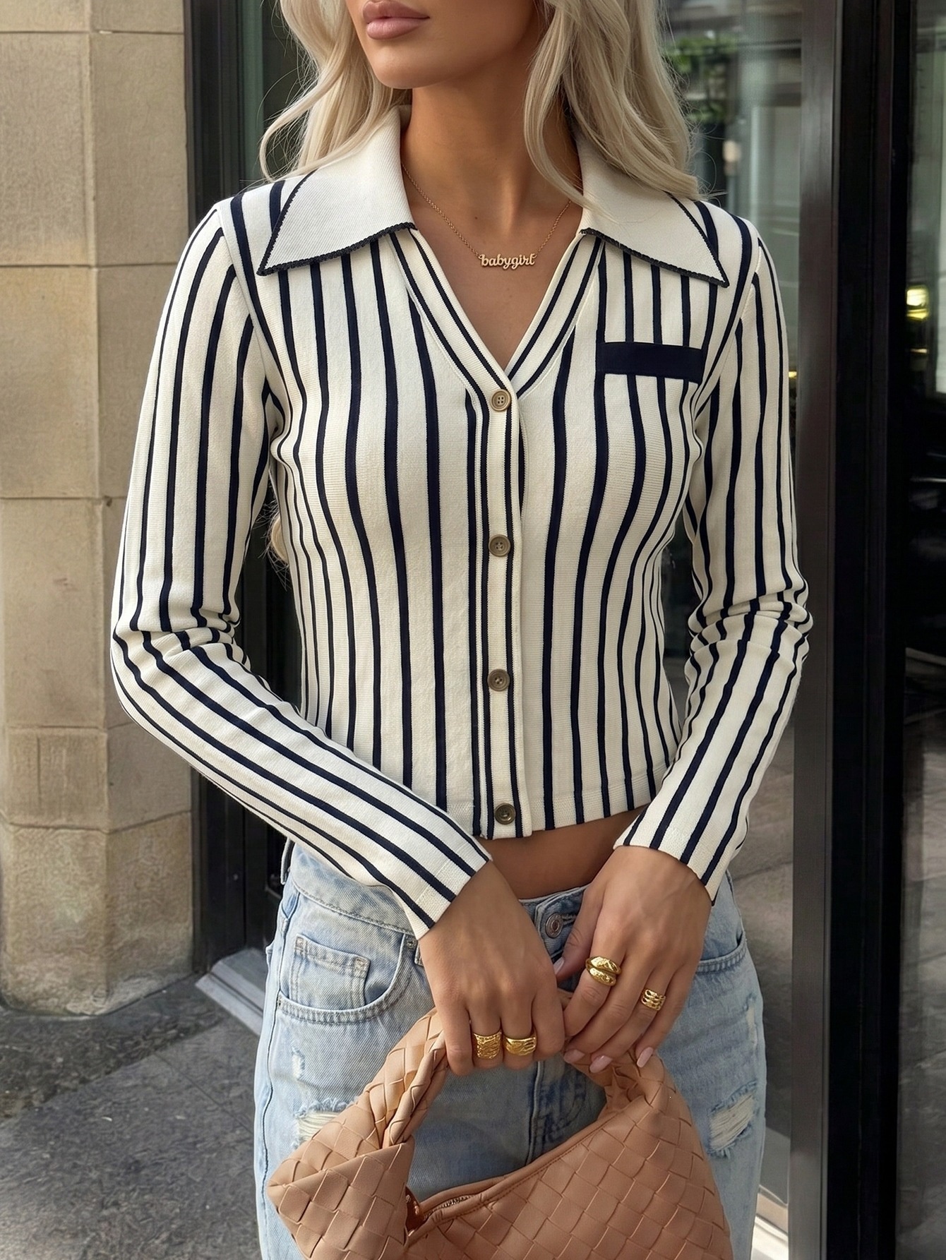 Striped Knit Button-Up Long Sleeve Polo Cardigan