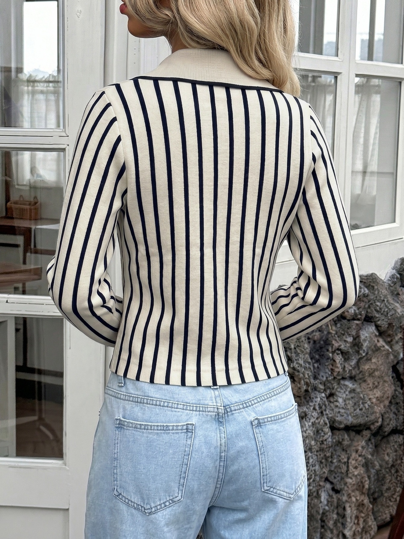 Striped Knit Button-Up Long Sleeve Polo Cardigan