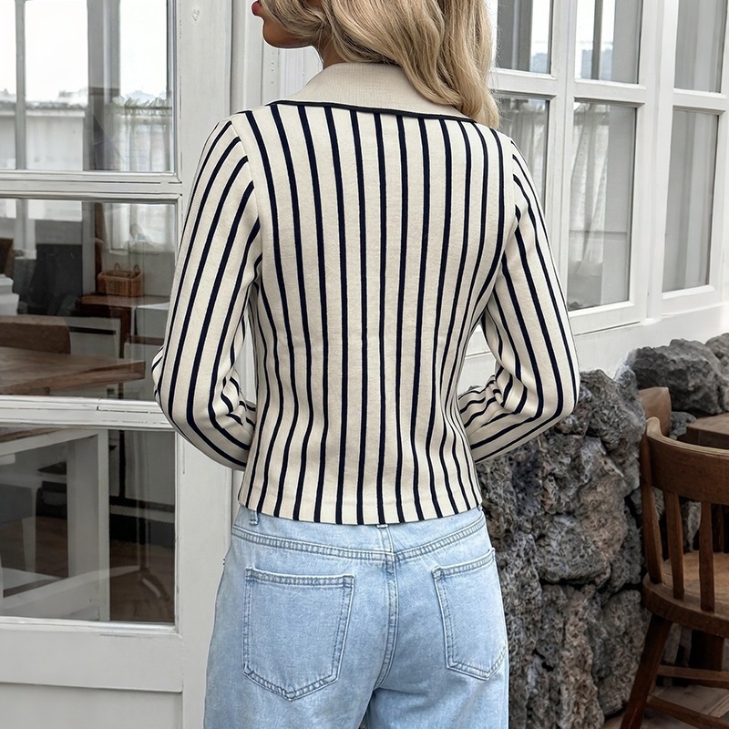 Striped Knit Button-Up Long Sleeve Polo Cardigan