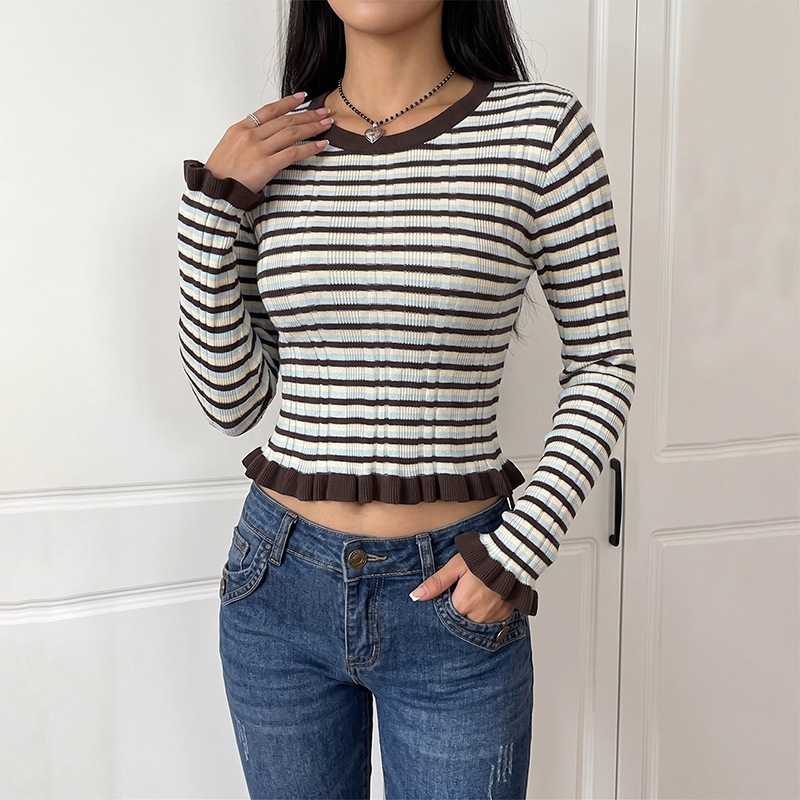 Striped Ribbed Knit Ruffle Hem Long Sleeve Top