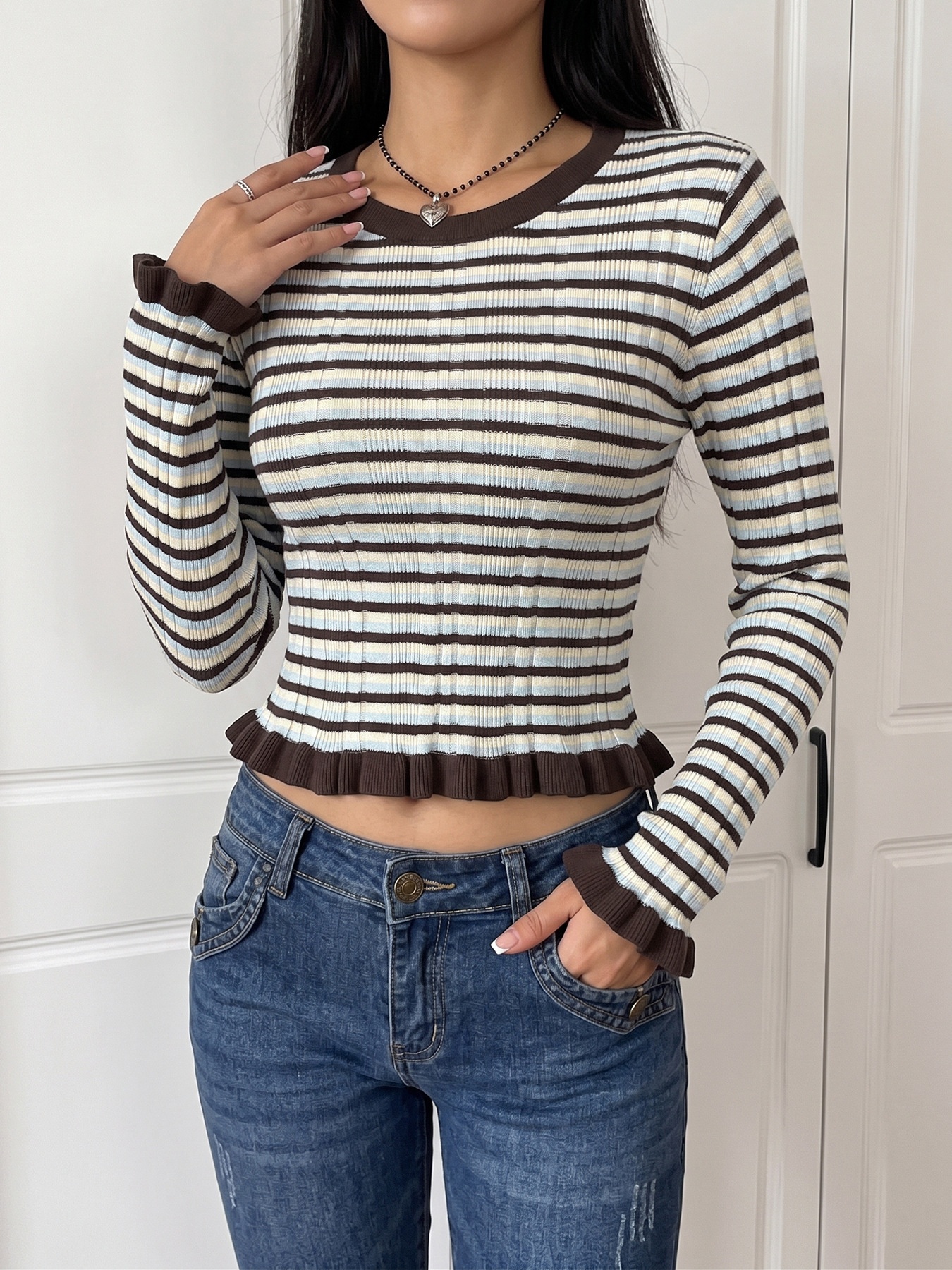 Striped Ribbed Knit Ruffle Hem Long Sleeve Top
