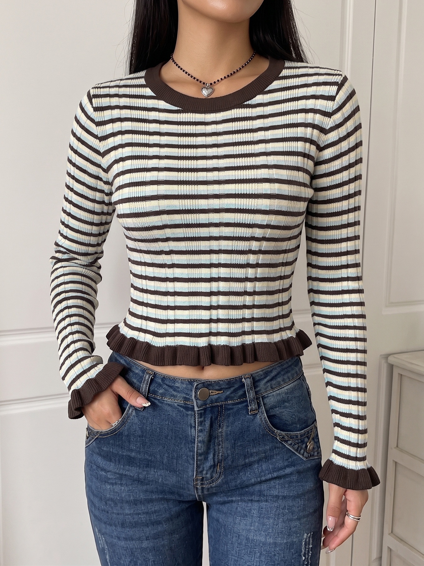 Striped Ribbed Knit Ruffle Hem Long Sleeve Top