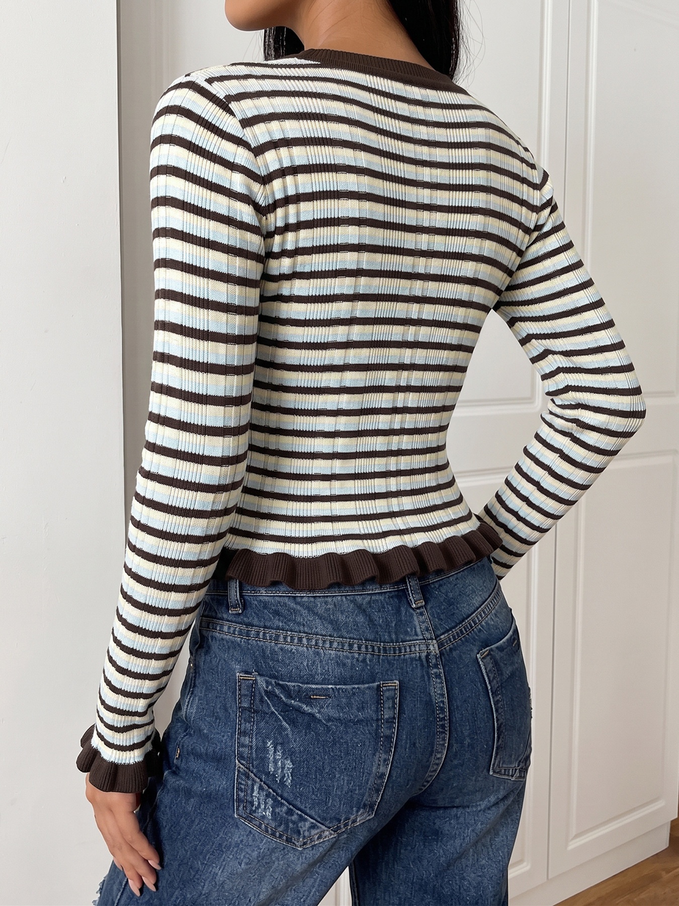 Striped Ribbed Knit Ruffle Hem Long Sleeve Top