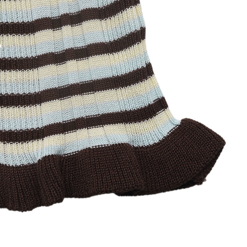 Striped Ribbed Knit Ruffle Hem Long Sleeve Top