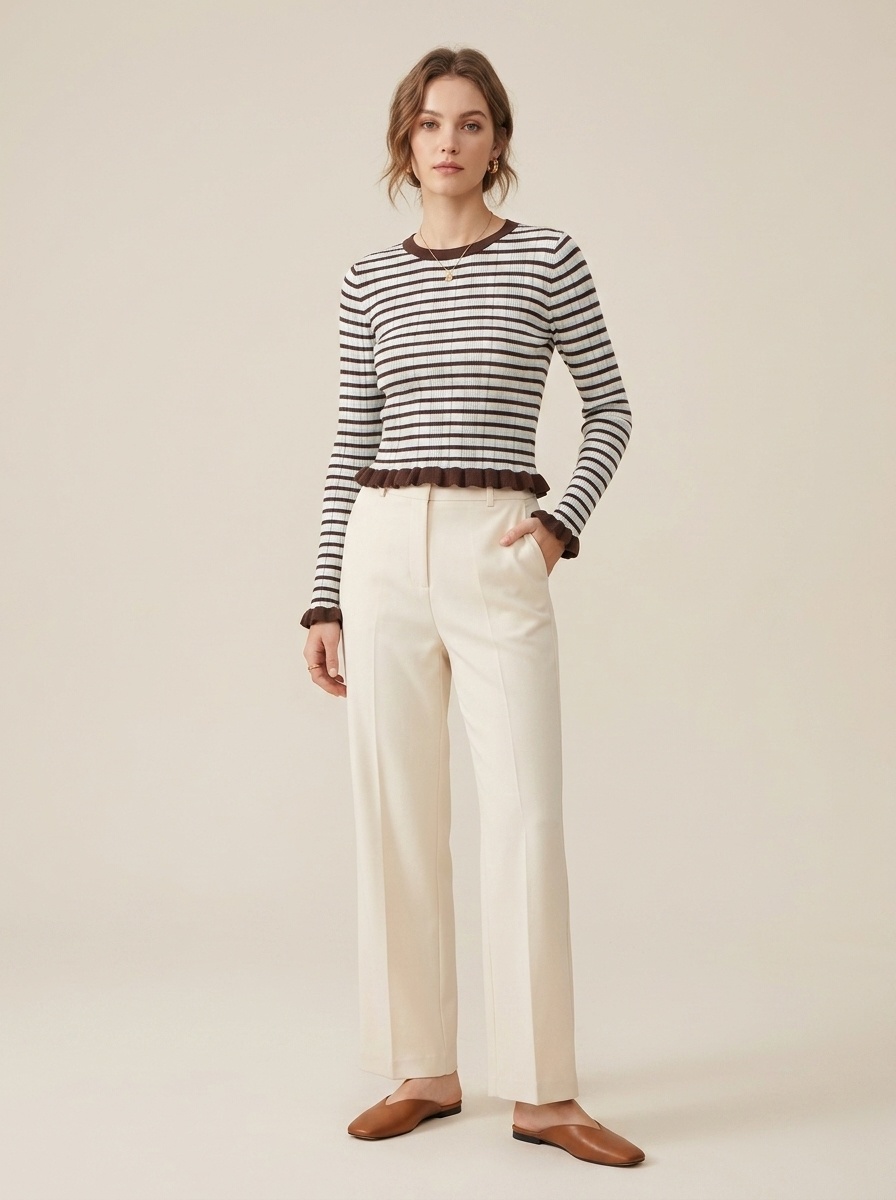 Striped Ribbed Knit Ruffle Hem Long Sleeve Top