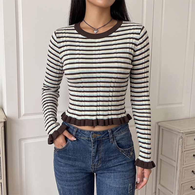 Striped Ribbed Knit Ruffle Hem Long Sleeve Top